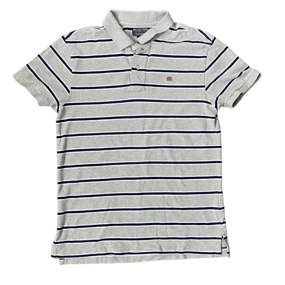 Ralph Lauren Striped Polo Short Sleeve Shirt Gray Blue SZ M
